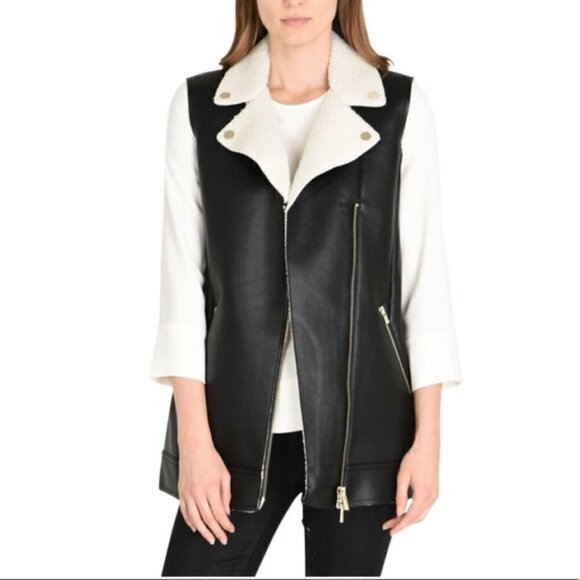 A|X Armani Exchange Biker Faux Shearling Leather Moto Jacket Long Vest size L - Picture 2 of 16